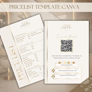 May include: Two beige price list templates with gold accents. One lists hair, facial, and nail services. The other has a QR code and contact information. Text includes "PRICE LIST", "PRICELIST TEMPLATE CANVA", and "CANVA PRO REQUIRED".