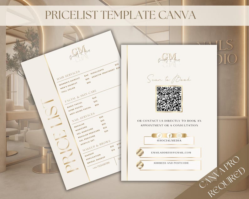 May include: Two beige price list templates with gold accents. One lists hair, facial, and nail services. The other has a QR code and contact information. Text includes "PRICE LIST", "PRICELIST TEMPLATE CANVA", and "CANVA PRO REQUIRED".