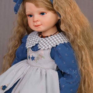 22&quot; Little Girl Art Doll in Classic Rural Blue Dress - Inspired by American Girl - Collector&#39;s Edition with Accessories & Stand