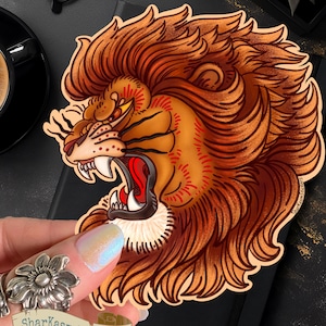 Pegatina de tatuaje de león LEO astrológico, calcomanía de estilo de tatuaje de león macho de leones reales africanos, monarca Masai Mara, calcomanía de león macho de melena castaña