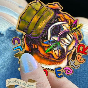 OD Green Crayon Eater Sticker Bulldog US MC Veteran Marine Corps Military Humor Eating Crayons Devil Dogs Cartoon Style Bulldog Art Sticker