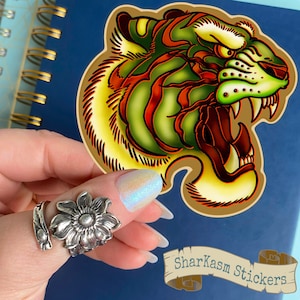 Green Tiger Tattoo Flash Sticker, Tiger Sticker, Hissing Cringing Tiger Tattoo Sticker, Siberian Tiger Tattoo Art, American Traditional Art