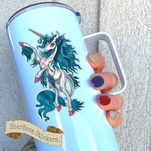 Blue Haired White Unicorn Nostalgia Eighties Unicorn Artwork Tattoo Flash Art Sticker Monoceros Einhorn 80’s Anime Movie Old School Unicorns
