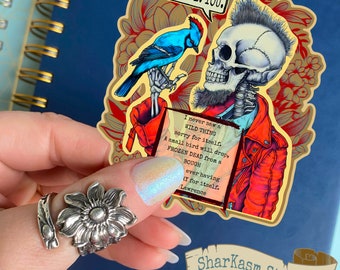 Sticker squelette Mohawk et geai bleu sarcastique, sarcasme génération X, poème de DH Lawrence, soyez vous-même, sticker Flash tatouage humour noir