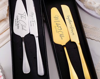 Personalized Wedding Cake Knife Server Set,Cake Server Set with Gift Box,Custom Mr&Mrs Cake Knife and Server,Engraved Stainless Steel Gift
