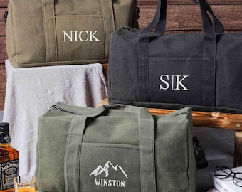 Embroidered Canvas Duffle Bag, Personalized Weekender Travel Bag for Groomsmen, Best Dad Gift