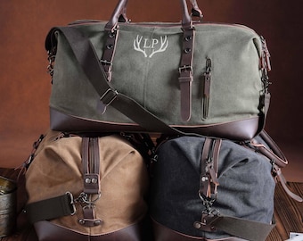 Personalized Canvas Leather Duffle Bag, Embroidered Weekend Travel Bag, Canvas Duffle Bag with Leather Trim, Groomsmen Gift