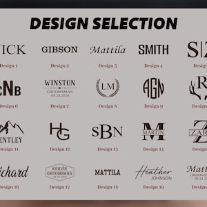 May include: A design selection chart featuring twenty distinct dark brown typographic and graphic logo options on a light gray background. Each option is labeled with a design number from 1 to 20, showcasing various fonts, monograms, and symbols.