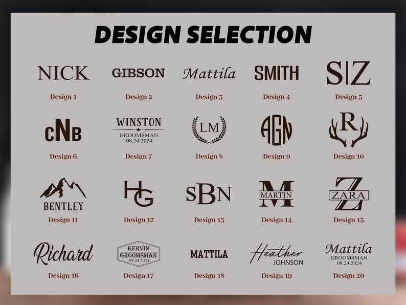 May include: A design selection chart featuring twenty distinct dark brown typographic and graphic logo options on a light gray background. Each option is labeled with a design number from 1 to 20, showcasing various fonts, monograms, and symbols.