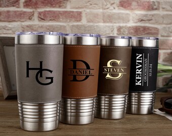 Vaso de cuero grabado personalizado, vaso personalizado, regalos para él, regalo para padrinos de boda, regalo de inauguración de la casa, taza de viaje aislada, vaso de oficina