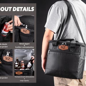 May include: A black insulated cooler bag with a shoulder strap, featuring a front pocket, side elastic mesh pockets, and a brown leather-like patch with the text SIZ. The bag includes metal zippers and an interior designed for cold storage.