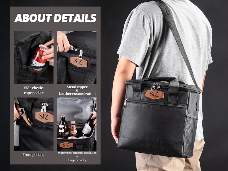 May include: A black insulated cooler bag with a shoulder strap, featuring a front pocket, side elastic mesh pockets, and a brown leather-like patch with the text SIZ. The bag includes metal zippers and an interior designed for cold storage.