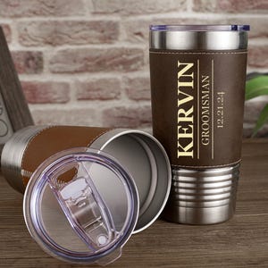 Custom Engraved Tumbler, Personalized Leather Tumbler, Gifts for Him, Groomsmen Gift, Valentine&#39;s Gift, Insulated Travel Mug, Office Tumbler