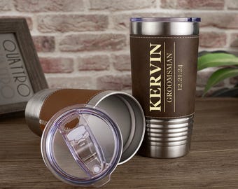 Vaso grabado personalizado, vaso de cuero personalizado, regalos para él, regalo para padrinos de boda, regalo de San Valentín, taza de viaje aislada, vaso de oficina