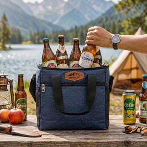 May include: A navy blue insulated cooler bag with a brown leather-style patch labeled Bentley, filled with various glass beer bottles. The bag features black handles, a front zipper pocket, and is placed on a wooden table with beer bottles, cans, apples, lanterns, and sunglasses.