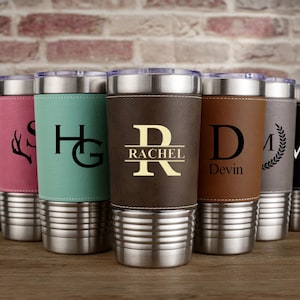 Custom Engraved Tumbler, Personalized Leather Tumbler, Gifts for Him, Groomsmen Gift, Anniversary Gift, Insulated Travel Mug, Office Tumbler