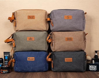 Personalized Canvas Toiletry Bag, Engraved Leather Dopp Kit, Groomsmen Gift Idea, Travel Bag for Men