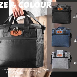 May include: A black insulated cooler bag with a brown leather-like patch featuring the letters SZ. The bag has a top handle, a front zippered pocket, and side mesh pockets. Dimensions are 11 inches by 11 inches by 6.3 inches. Available in black, blue, and gray.
