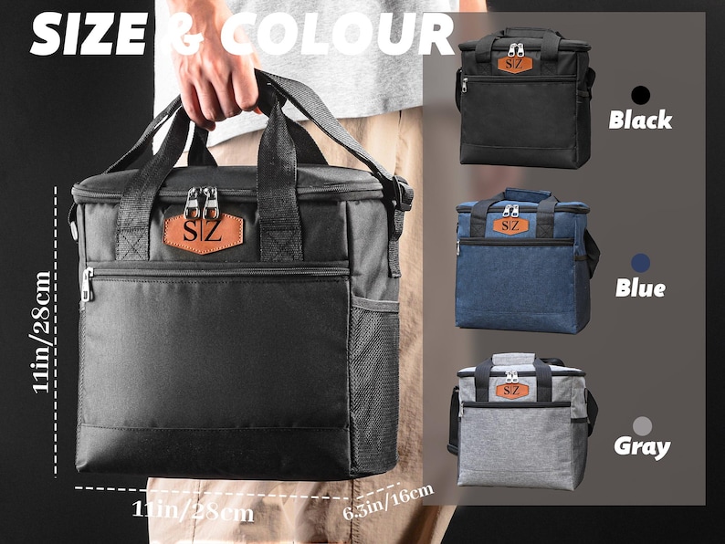 May include: A black insulated cooler bag with a brown leather-like patch featuring the letters SZ. The bag has a top handle, a front zippered pocket, and side mesh pockets. Dimensions are 11 inches by 11 inches by 6.3 inches. Available in black, blue, and gray.