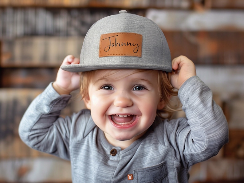 Benutzerdefinierte Säugling Hut, personalisierte Kleinkind Hut, Leder Patch Hut, Kinder Baseballmütze, Unterschrift Hut, Geschenk für Baby, Baby Snapback Hut, Jugend Erwachsene Hut Bild 1