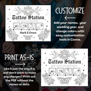 Puede incluir: Un dise&ntilde;o imprimible en blanco y negro para tatuajes temporales. El dise&ntilde;o presenta un sol, p&aacute;jaros, flores y mariposas. El texto dice "Tattoo Station. Our love is forever, but this tattoo isn't." y "Mark & Grace Est. 2025".