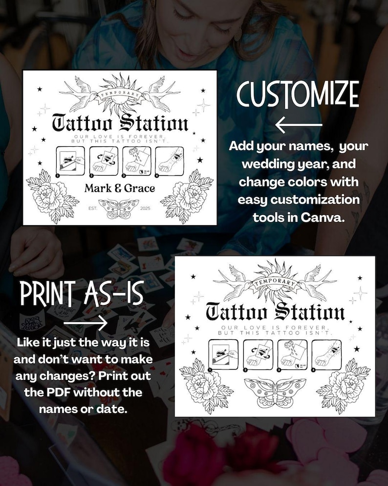 Puede incluir: Un dise&ntilde;o imprimible en blanco y negro para tatuajes temporales. El dise&ntilde;o presenta un sol, p&aacute;jaros, flores y mariposas. El texto dice "Tattoo Station. Our love is forever, but this tattoo isn't." y "Mark & Grace Est. 2025".