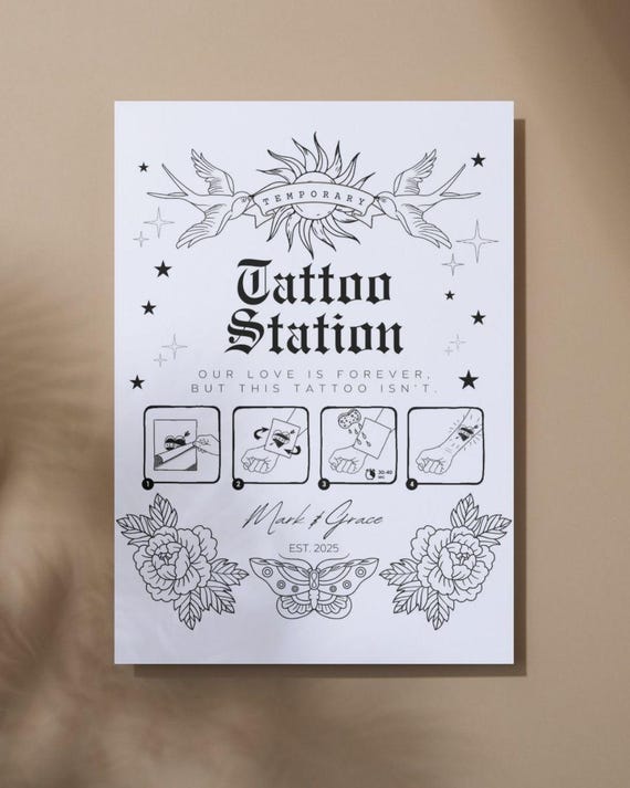 Wedding Tattoo Station Sign, Temporary Tattoo Sign, Canva Customizable Template. Retro Design, Our love is forever, but this tattoo isn’t.