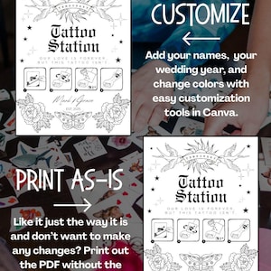 Puede incluir: Una plantilla PDF imprimible para tatuajes temporales con una ilustraci&oacute;n en blanco y negro de un sol, p&aacute;jaros, flores y una mariposa. El texto dice "Tattoo Station, Our love is forever, but this tattoo isn't".