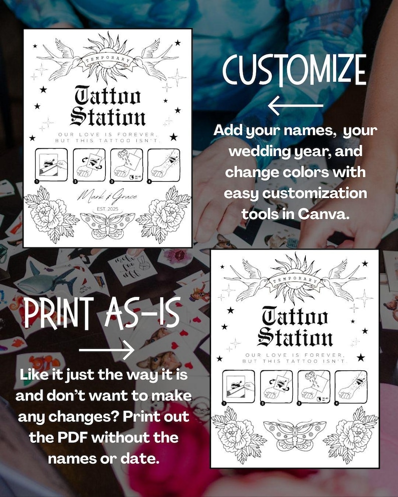 Puede incluir: Una plantilla PDF imprimible para tatuajes temporales con una ilustraci&oacute;n en blanco y negro de un sol, p&aacute;jaros, flores y una mariposa. El texto dice "Tattoo Station, Our love is forever, but this tattoo isn't".