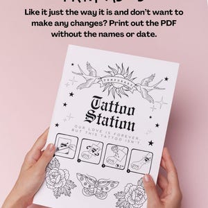 Puede incluir: Una hoja imprimible con instrucciones para aplicar tatuajes temporales. La hoja presenta un sol con p&aacute;jaros volando a su alrededor, una mariposa, flores y el texto "Temporary Tattoo Station. Our love is forever, but this tattoo isn't."