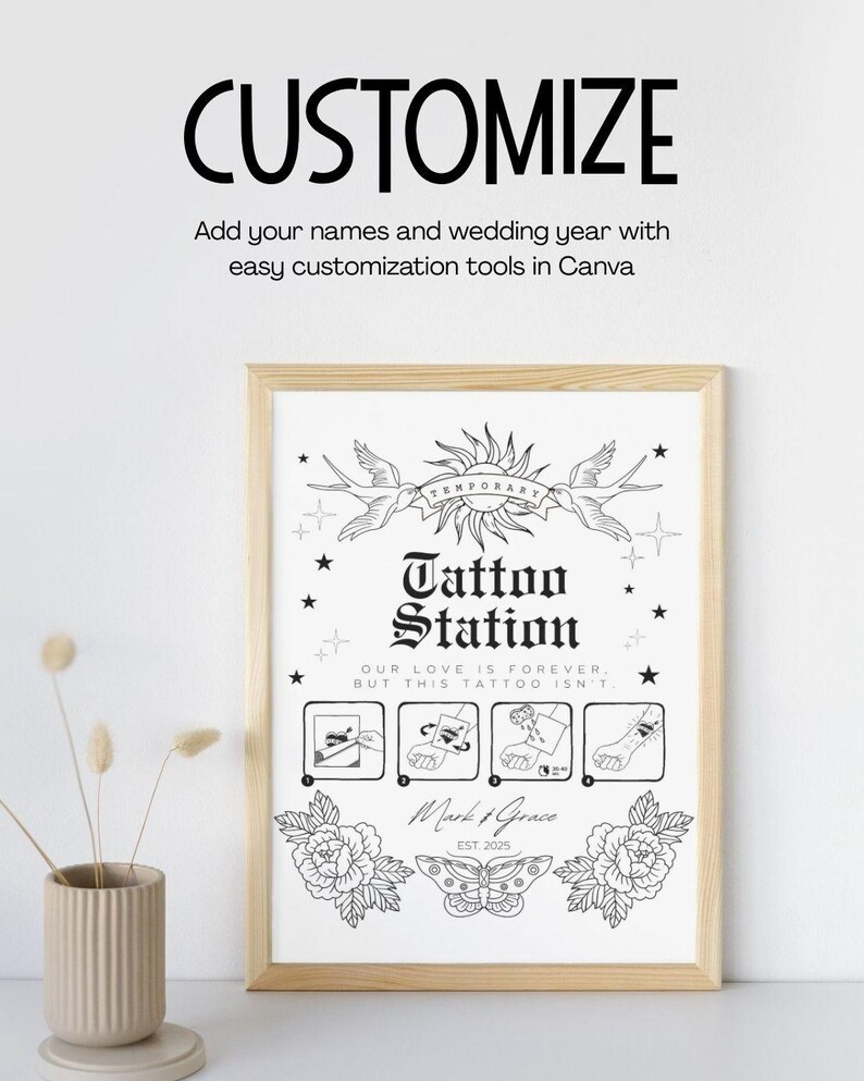 Puede incluir: Un dise&ntilde;o imprimible en blanco y negro para un tatuaje temporal. El dise&ntilde;o presenta un sol con p&aacute;jaros volando a su alrededor, estrellas y el texto "Tattoo Station". El texto "Nuestro amor es para siempre, pero este tatuaje no" tambi&eacute;n est&aacute; incluido. El dise&ntilde;o incluye instrucciones para aplicar el tatuaje. El texto "Mark & Grace EST. 2025" est&aacute; en la parte inferior del dise&ntilde;o.