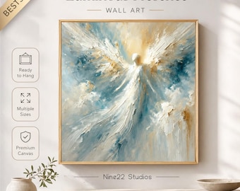 May include: Square wall art titled "Luminous Presence" with a gold frame. The artwork features an abstract angel with white, blue, and gold brushstrokes. The image includes text that says "Ready to Hang", "Multiple Sizes", and "Premium Canvas". The artist is Nine22 Studios.