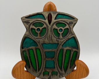 Vintage cast iron Owl trivet with stained glass detail