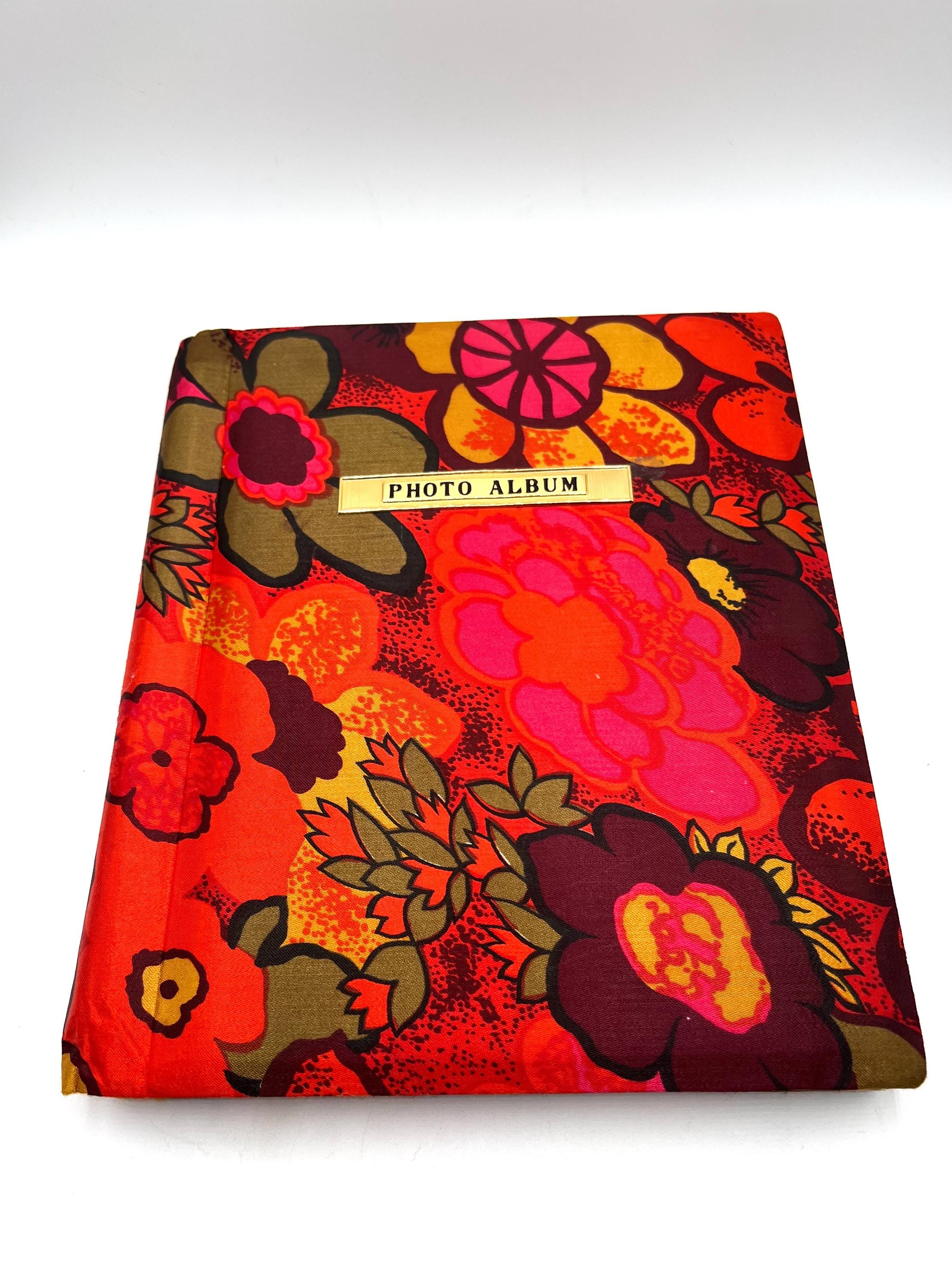 Vintage Photo Album, Mod Flower Power Red and Pink Satin Cover, 1970's Hippie , Sticky Pages
