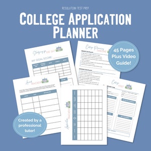 May include: A college application planner with a blue and white color scheme. The planner includes sections for studying for the SAT, college planning, and college visits. The planner also includes a tracker for applications. The planner is 45 pages long and includes a video guide.