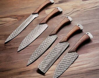 5PCs handgemaakte Damascus stalen keukenmessenset met lederen tas, kookmessen cadeau voor haar, BBQ-messen, keuken en eetkamer