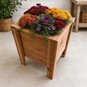 May include: A square wooden planter box with four sturdy legs, filled with a vibrant arrangement of autumn flowers including deep red and golden yellow chrysanthemums, a central purple and green ornamental cabbage, and small purple asters.
