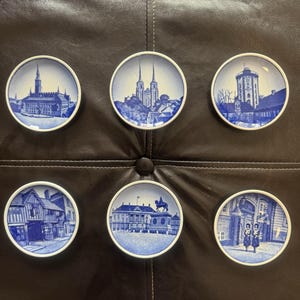 Vintage Set of 6 Royal Copenhagen Denmark Blue & White Mini Wall Plates 3&quot;