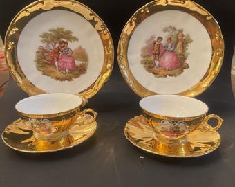 VTG Satz von 6 Bavaria Germany 22K Vergoldung Fragonard Style Teaset Teetasse Saucen Teller