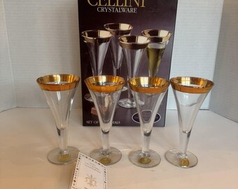 Neue Set von 4 Cellini Crystal Stemware Cordials Gläser Box 24K Dekor Italien VTG