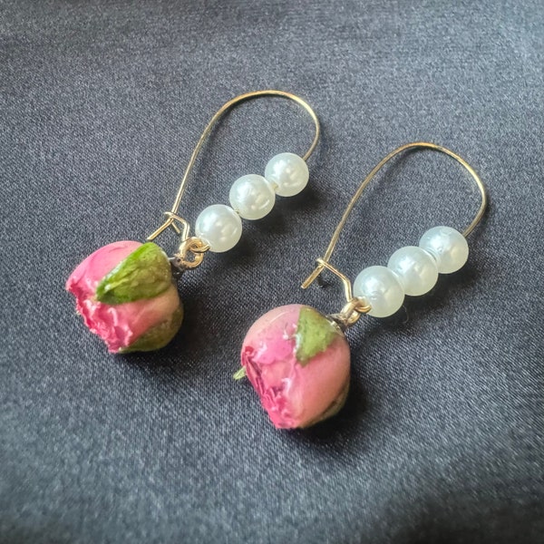 Handmade Dried Pink Rose Bud With faux Pearls Dangle Earrings Real Rose Resin