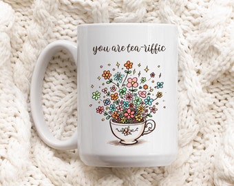 Tea-Riffic Mug, Gift for Tea Lovers, Cute Tea Cup, Mother's Day Present