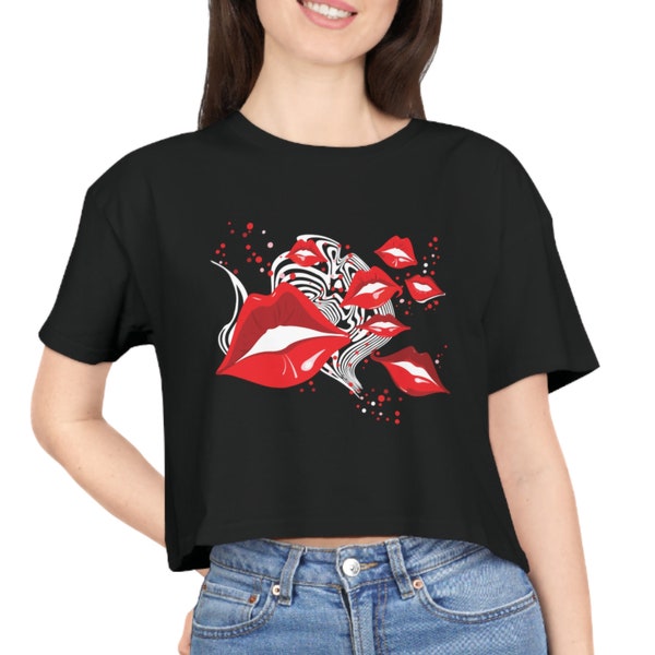 Kissable - Glossy Red Lips - Pop Art - Crop - T-Shirt - Kiss - Kissing - Lipstick - Red Hot - Psychedelic - Kissing Gift - Australia Made