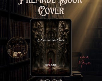 May include: A digital tablet displays a book cover titled Ashes at the Gate by Nina Alleb, featuring a figure in a red dress standing before a dark, gothic stone archway. The text Premade Book Cover appears above, with a circular logo to the left.