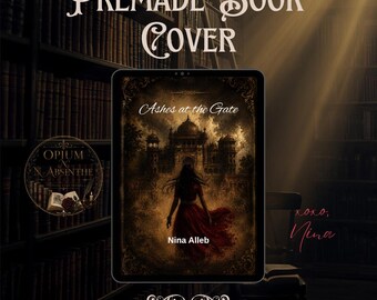 May include: A digital tablet displays a premade book cover titled Ashes at the Gate by Nina Alleb, featuring a figure in a red dress walking toward a dark, ornate building. A circular logo reads Opium N Absinthe, and the text xoxo, Nina appears.