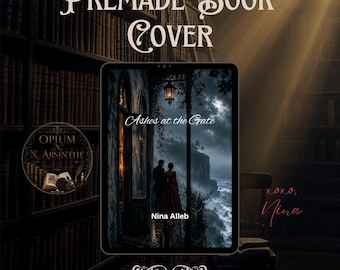 May include: A digital tablet displays a book cover titled Ashes at the Gate by Nina Alleb, featuring a couple standing on a balcony overlooking a dark, stormy sea. The text Premade Book Cover appears above, with a circular logo on the left.