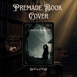 May include: A digital tablet displays a book cover titled Ashes at the Gate by Nina Alleb, featuring a silhouette of a couple standing near a gate at dusk. The text Premade Book Cover appears above the tablet, with a circular logo to the left.