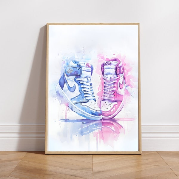 High Top Sneakers Retro Print Jordan Retro 90s Pink Blue Painting Kids Teen Bedroom Styling Digital Download