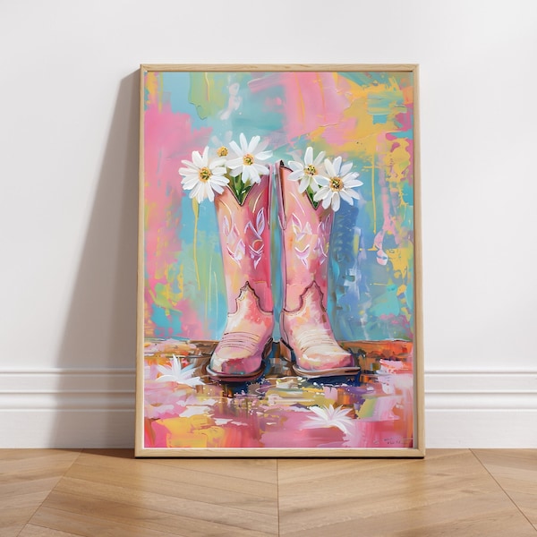 Coastal Cowgirl Boots Painting Print, Dorm Room Wall Art, Vintage Style Pink Western Poster, Printable Boho Southern Girl Nursery Decor