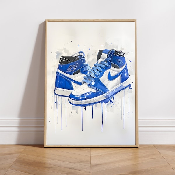 Sneakerhead Print High Top Sneakers Painting | Trendy Jordan Retro 90s Blue Paint Poster | Trendy Kids Teen Bedroom Styling Digital Download